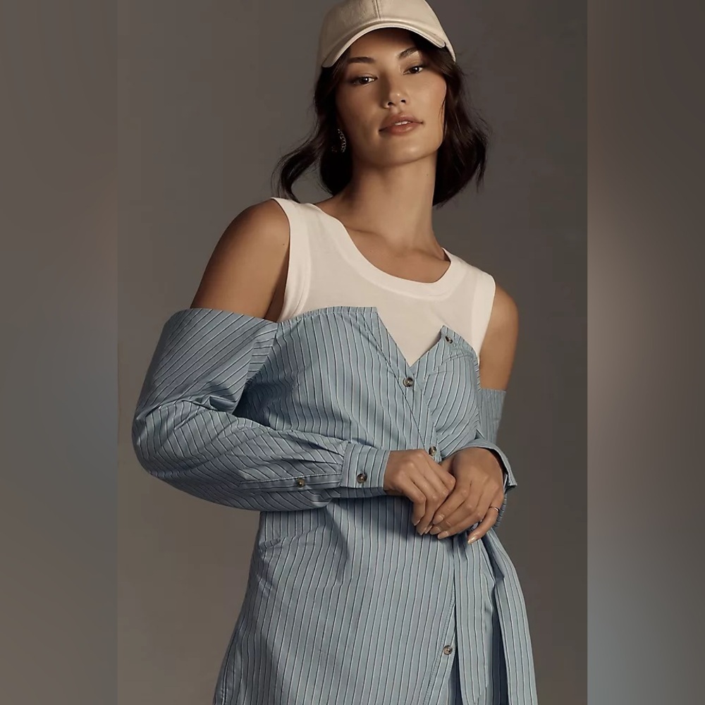 Anthropologie Blue Stripe Layered Button Front Shirt Dress Cold Shoulder L NWT - Picture 4 of 4